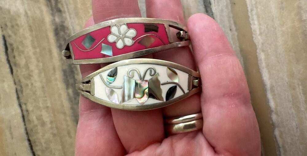 Vintage Alpaca Mexico Enamel and Abalone Inlay Hinge Cuff Bracelets Set